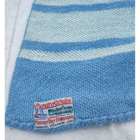 Vintage Canada Steamship Lines Murray Bay Homespun Blanket, Blue Stripe 74 x 50
